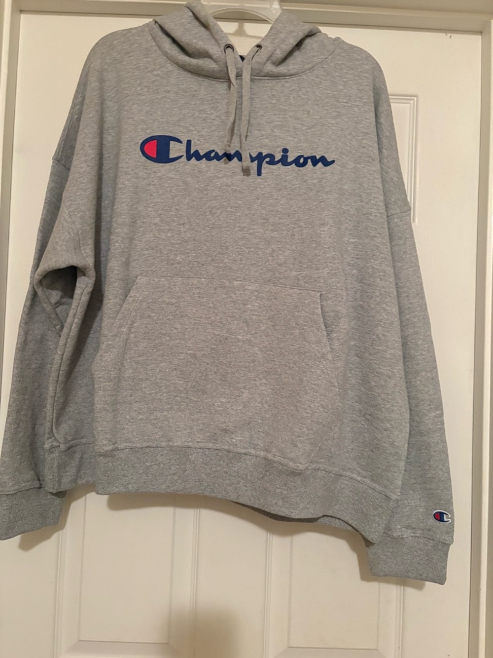 Champion Gray Hoodie with Blue Script and Red Accent Logo